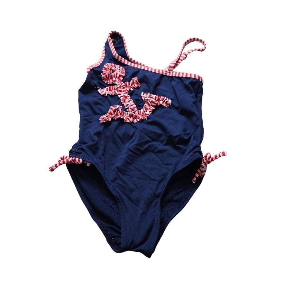 JANTZEN ONE PIECE SWIMSUIT GIRLS 5/6 BLUE Anchor Nautical Ruched